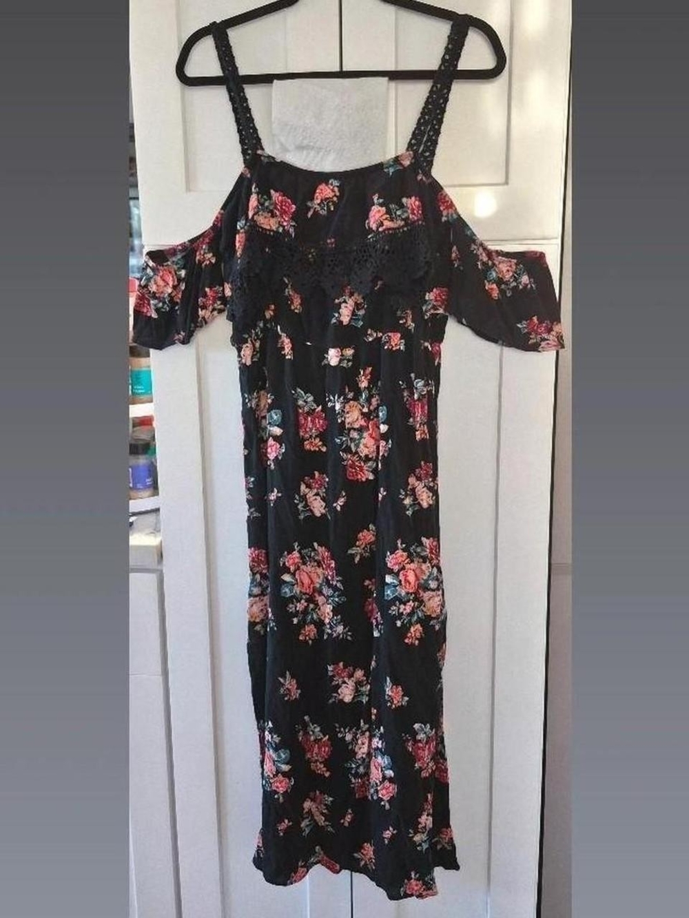 No Boundaries Black Cold-Shoulder Floral Maxi Dress